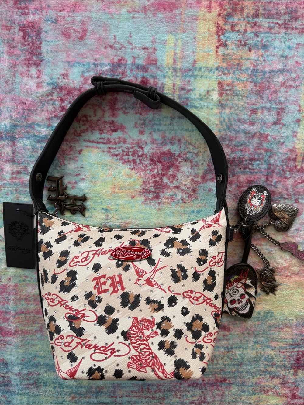 Ed Hardy Cream Leopard Print Shoulder Bag with Red Accents
